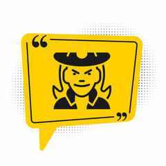 Black Witch icon isolated on white background. Happy Halloween party. Yellow speech bubble symbol. Vector