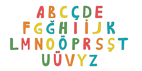 A set of cartoons in the Turkish alphabet for a child. ABC. Translation: Letters of the alphabet from A to Z. Design for typography, banner, cards and more. Flat vector style.