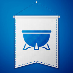 Blue Halloween witch cauldron icon isolated on blue background. Happy Halloween party. White pennant template. Vector
