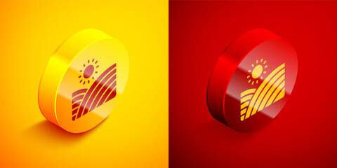 Isometric Vineyard wine grapes hills farm icon isolated on orange and red background. Vine plantation hills landscape. Circle button. Vector