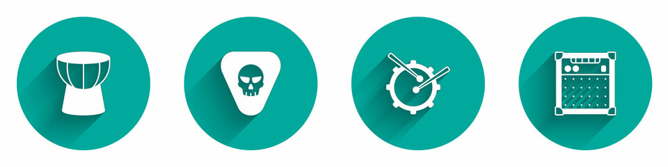 Set African darbuka drum, Guitar pick, Drum with sticks and amplifier icon with long shadow. Vector