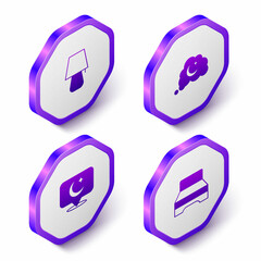 Set Isometric Table lamp, Dreams, Moon and stars and Big bed icon. Purple hexagon button. Vector