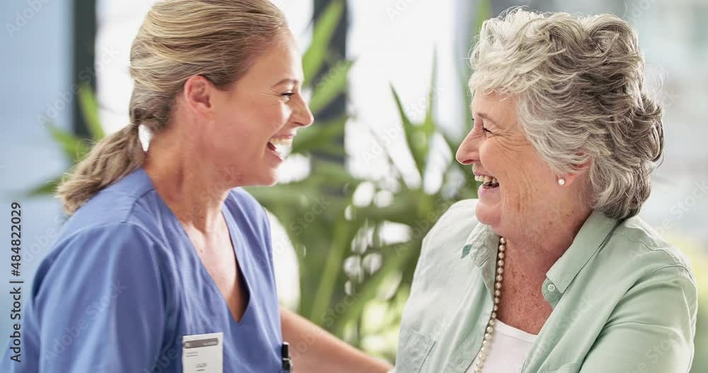 Sticker Laughter is the best medicine. Caring nurse showing support to a happy old lady patient at home or hospital. Smiling female doctor hugging a mature senior woman with an elderly healthcare concept