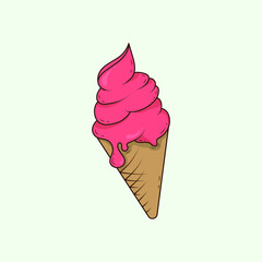 Pink ice cream in waffle cone, Vector flat outline icon design on green background.