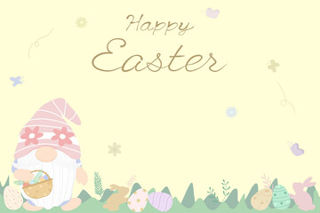 Vector - Cute Gnome holding basket with many eggs stand on natural view. Bunny play bug and egg in the garden. Happy Easter, Holiday concept. Can be use for advertising, poster, banner, card.