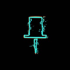 Bright neon glowing symbol with distortion. Pushpin, hand-drawn with a jagged line on a black background. Screen color noise. Glitch icon.