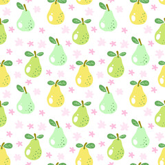 Cute seamless summer pattern with pear and flower. Perfect for fabric, wrapping paper, wallpaper, etc