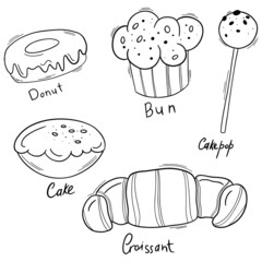 Bakery black doodle outline set with pastry. Cakes, donuts, buns and croissants.