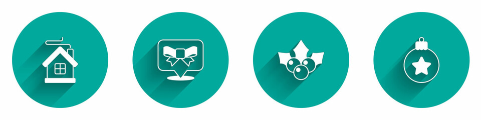 Set Merry Christmas house, Gift bow, Branch viburnum and ball icon with long shadow. Vector