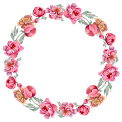 Bright fresh cute elegant watercolor peonies wreath. Colorful summer flowers in pink and red. Illustration for vintage greeting. Romantic garden flowers. For wedding invitations, card design