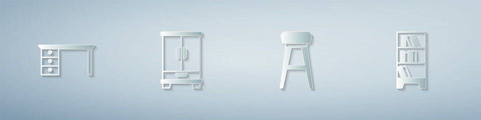 Set Office desk, Wardrobe, Chair and Library bookshelf. Paper art style. Vector