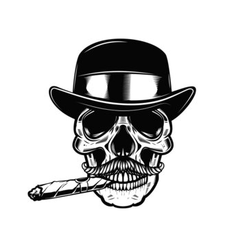 Skull in vintage hat and with cigar. Design element for poster, card, banner, sign. Vector illustration