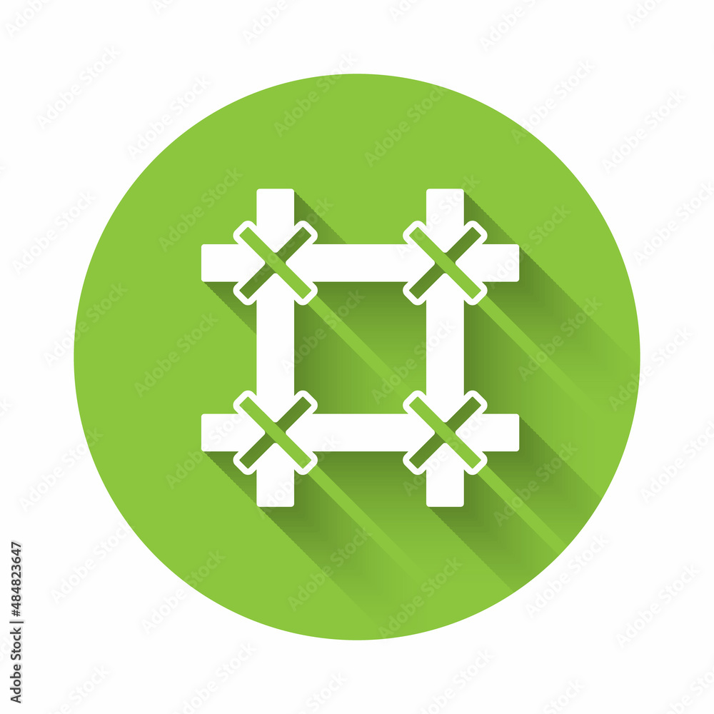 Poster white prison window icon isolated with long shadow background. green circle button. vector