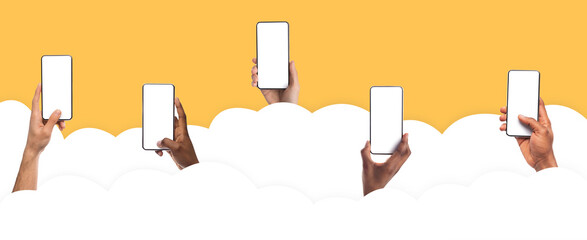 Global Communication. Hands holding using smartphone with blank screen