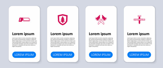 Set Metallic nail, Wooden axe, Shield with tree and Hacksaw. Business infographic template. Vector