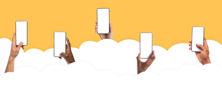 Global Communication. Hands holding using smartphone with blank screen