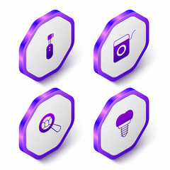 Set Isometric Electric toothbrush, Dental floss, search and implant icon. Purple hexagon button. Vector