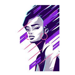 Abstract portrait of a black African woman with rings in her ears. Stylized swift lines. Purple