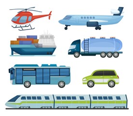 Transportation types collection. Public and cargo transportable vehicles set.