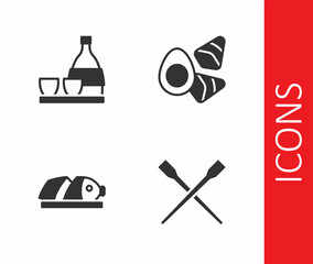 Set Food chopsticks, Bottle of sake, Fish with sliced pieces and Chicken egg vegerables icon. Vector
