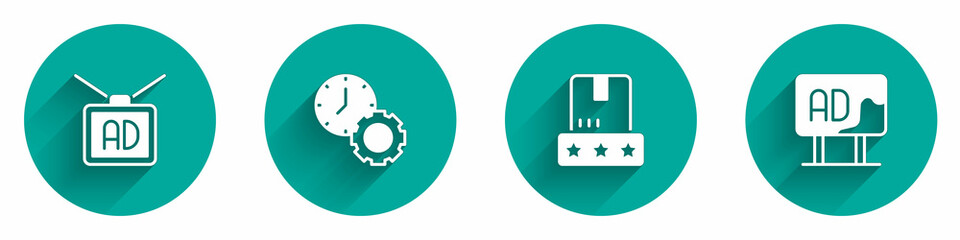 Set Advertising, Time management, Consumer product rating and icon with long shadow. Vector