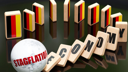 Germany and stagflation, economy and domino effect - chain reaction in Germany set off by stagflation causing a crash - economy blocks and Germany flag, 3d illustration - obrazy, fototapety, plakaty