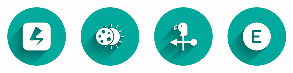 Set Lightning bolt, Eclipse of the sun, Rooster weather vane and Compass west icon with long shadow. Vector