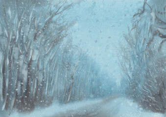 Forest trees in blue twilight snowstorm watercolor background