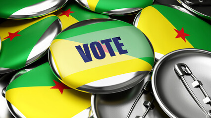 Vote in French Guiana - national flag of French Guiana on dozens of pinback buttons symbolizing upcoming Vote in this country. , 3d illustration
