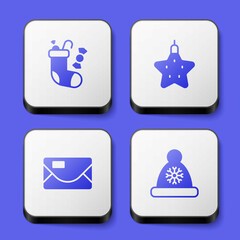 Set Christmas stocking, star, Envelope and Santa Claus hat icon. White square button. Vector