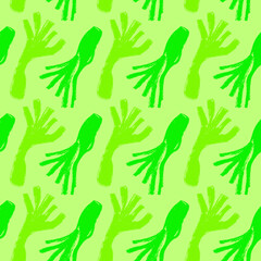 Vector leek pattern seamless. Pencil drawing texture. Green leeks illustration. Vegan restaurant ornament, vegetarian backdrop. Homemade cooking background. Vegetable wallpaper of food label or banner