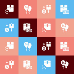 Set pop art Carton cardboard box, Discount percent tag, Tax and Sold icon. Vector