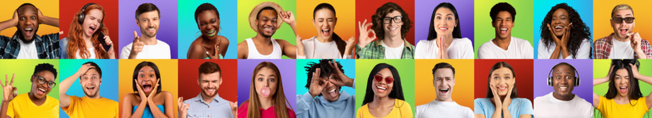 Set of emotional shots. Multiethnic people posing on colorful backgrounds