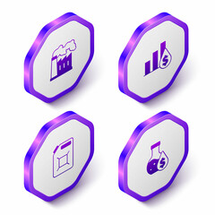 Set Isometric Oil and gas industrial factory, Pie chart dollar, Canister for gasoline and petrol test tube icon. Purple hexagon button. Vector