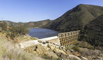 Hydroelectric Multiple Arch Concrete Dam at Lake Hodges Aerial View from above in San Dieguito River Park near Escondido, San Diego County Southern California USA