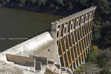 Hydroelectric Multiple Arch Concrete Dam at Lake Hodges Aerial View from above in San Dieguito River Park near Escondido, San Diego County Southern California USA