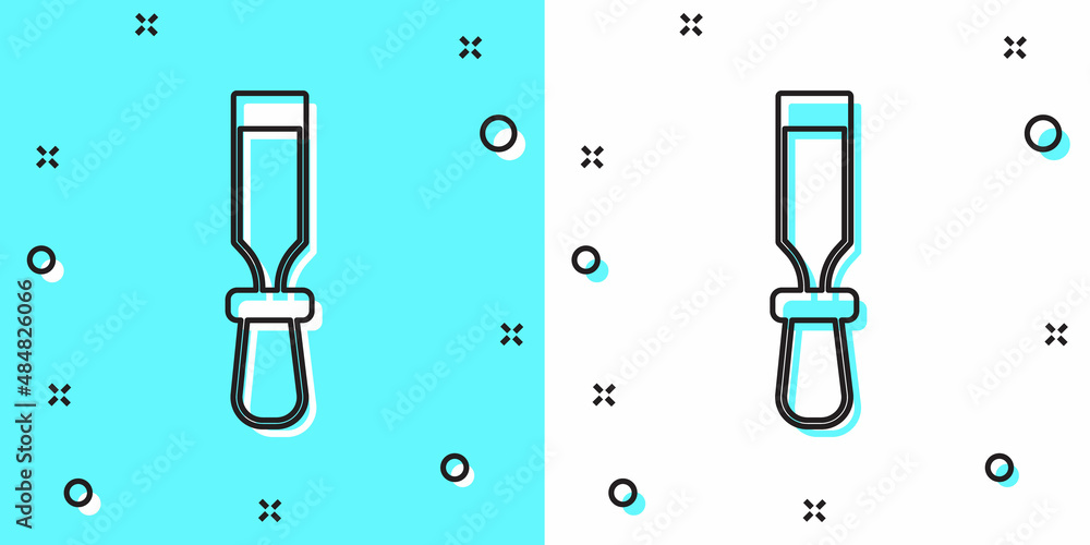 Poster Black line Chisel tool for wood icon isolated on green and white background. Random dynamic shapes. Vector