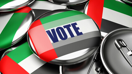 Vote in United Arab Emirates - national flag of United Arab Emirates on dozens of pinback buttons symbolizing upcoming Vote in this country. , 3d illustration