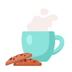 Cup with hot drink and cookies, vector illustration in cartoon flat style. Coffee, cocoa or tea cup with stream. Tasty breakfast or coffee break. Print for cards, clothes, sticker, design and decor. 
