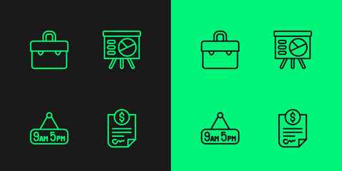 Set line Contract money, From 9 to 5 job, Briefcase and Board with graph icon. Vector