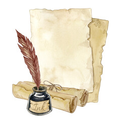 Watercolor illustration of old paper sheets, scrolls, feather pen and inkwell isolated on white background. - obrazy, fototapety, plakaty