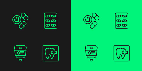 Set line Dental clinic location, IV bag, Medicine pill or tablet and Pills blister pack icon. Vector