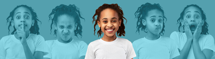 Emotional black girl posing on blue studio background