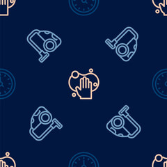 Set line Clock, Vacuum cleaner and Sponge on seamless pattern. Vector