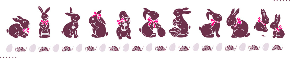 Chocolate bunnies with red bow and easter eggs. Set of rabbits, eggs hunters for Happy Easter greetings, vector isolated elements