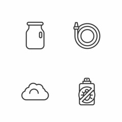 Set line Spray against insects, Cloudy weather, Glass jar with screw-cap and Garden hose icon. Vector