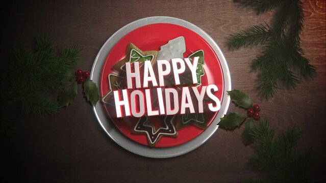 Happy Holidays with candy and Christmas pie on wood, motion holidays and winter style background for New Year and Merry Christmas