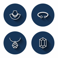 Set line Necklace on mannequin, Bracelet jewelry, Pendant necklace and Gem stone with long shadow. Blue circle button. Vector