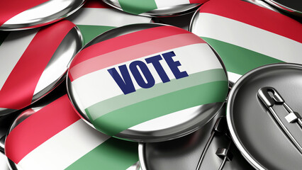 Vote in Hungary - national flag of Hungary on dozens of pinback buttons symbolizing upcoming Vote in this country. , 3d illustration
