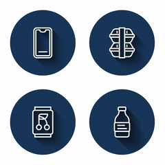 Set line Food ordering on mobile, Lunch box, Soda can and Bottle of water with long shadow. Blue circle button. Vector